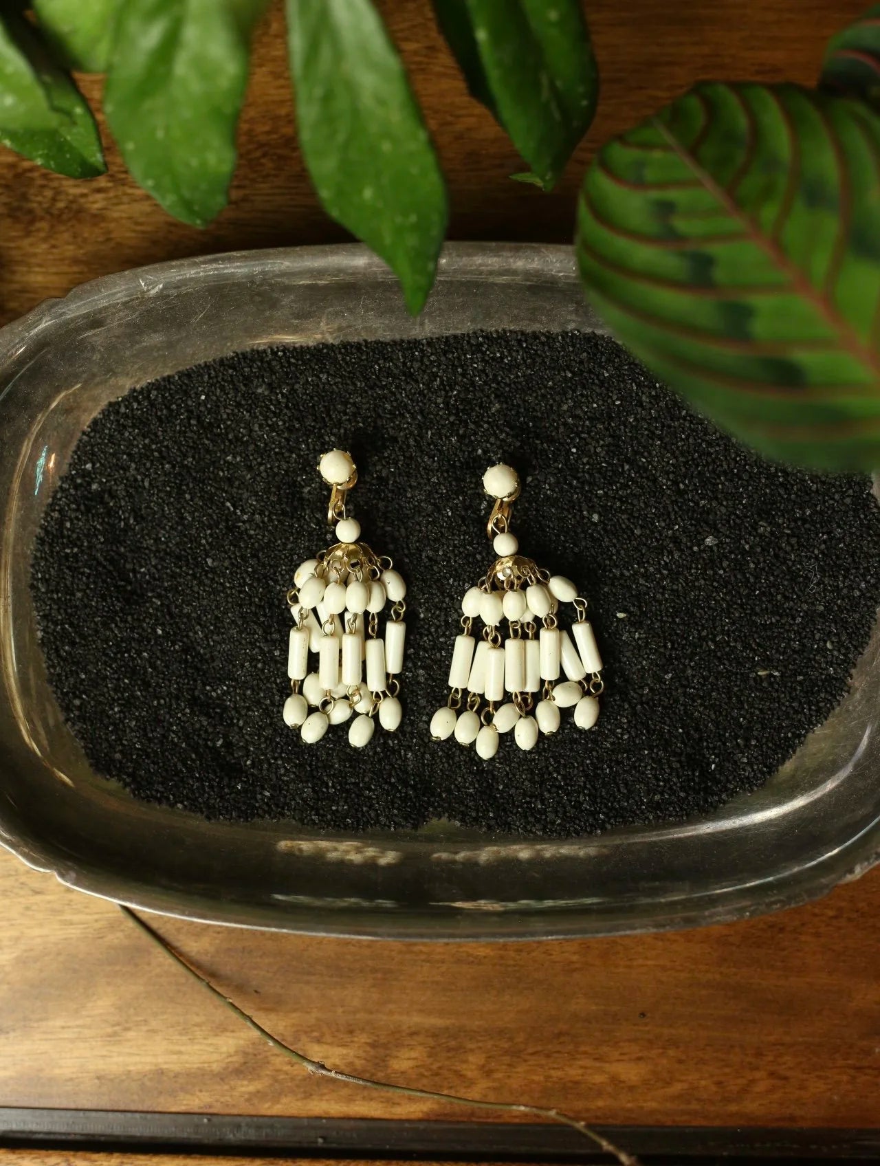 Large White Beaded Dangle Clip On Earrings