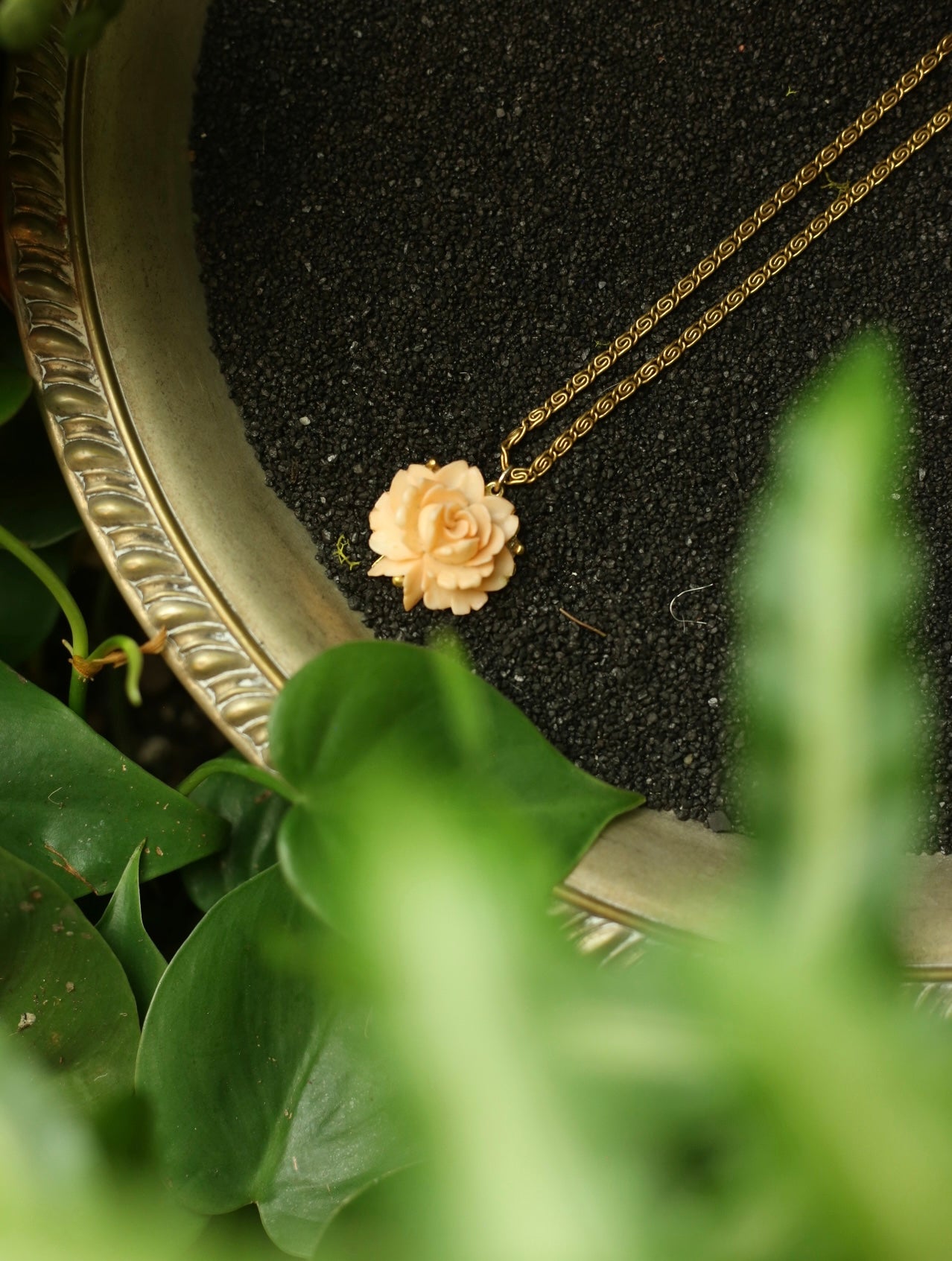 Dust Pink Rose Carve Gold Tone Necklace