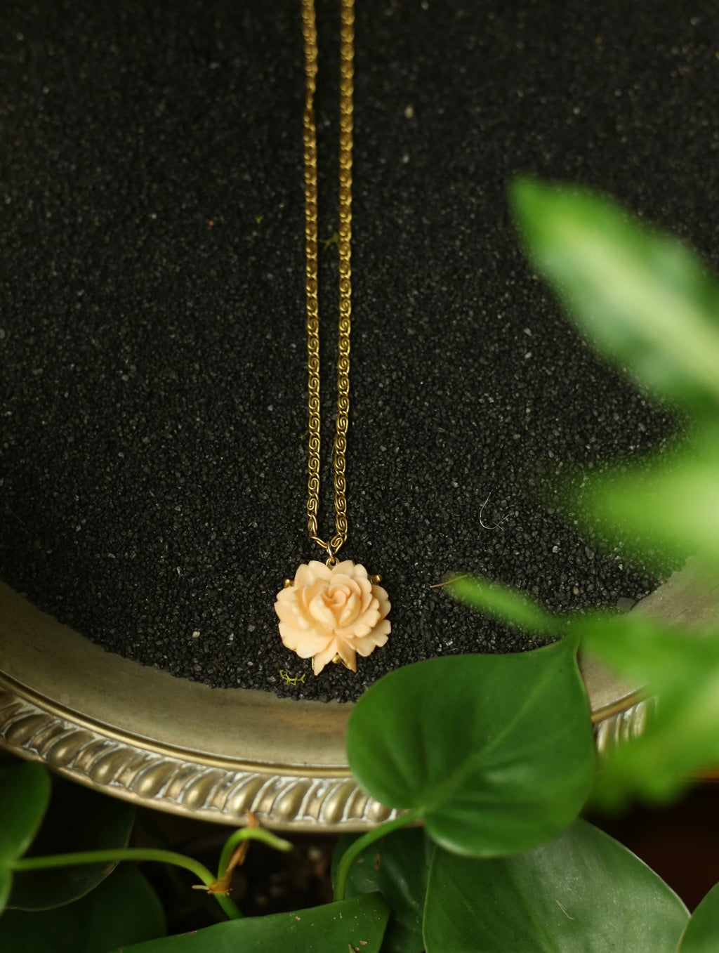 Dust Pink Rose Carve Gold Tone Necklace