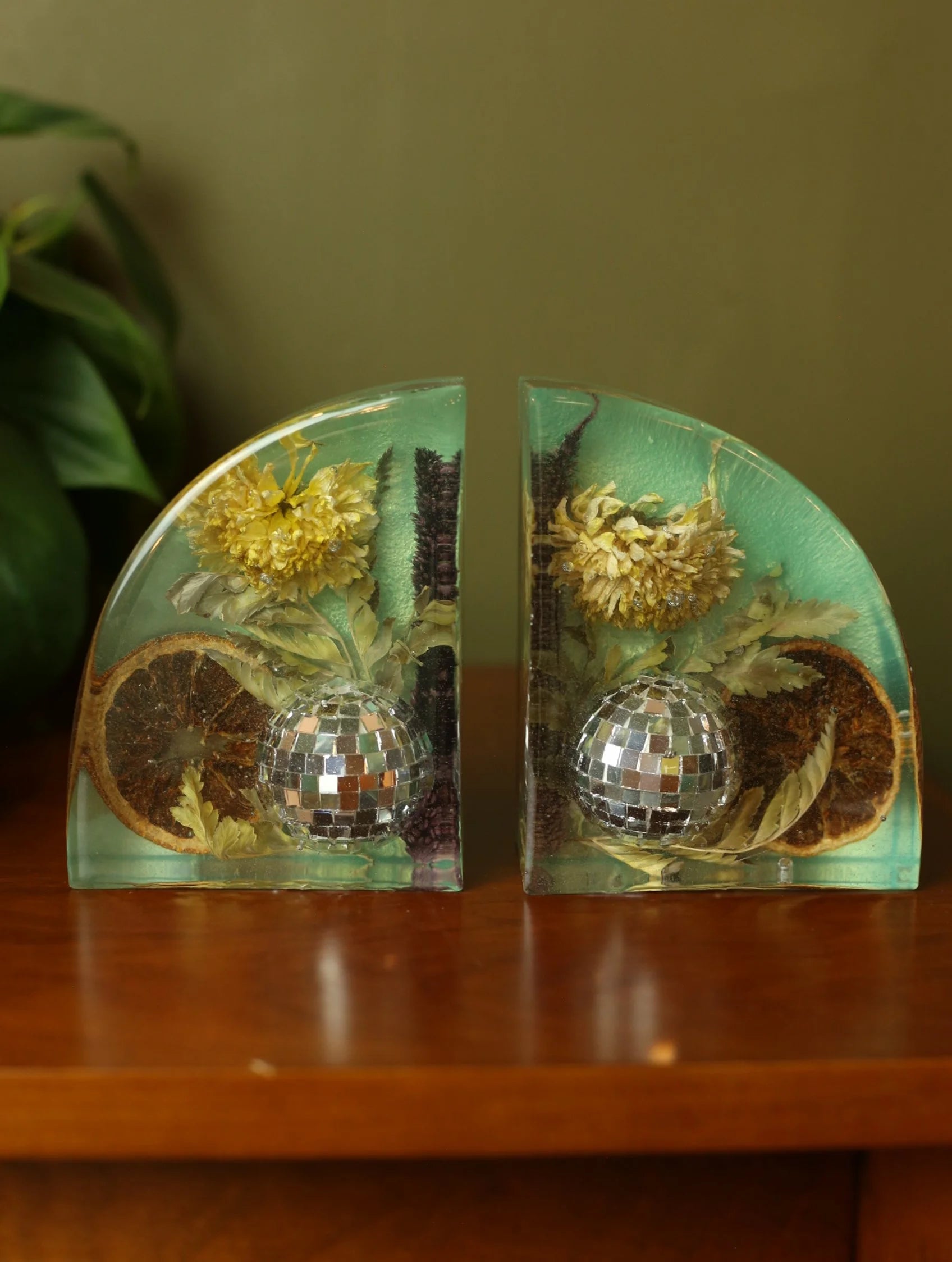 Disco Ball & Flowers Resin Teal Bookends