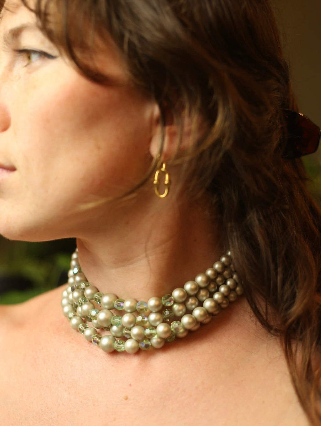 Gray Faux Pearl & Green Bead Choker Necklace
