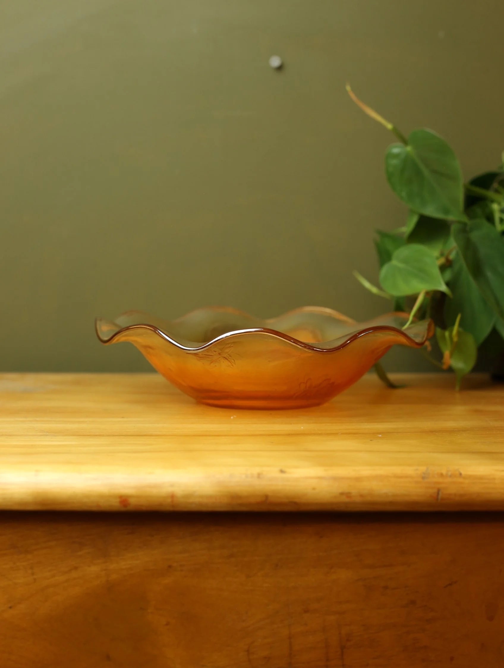 Orange Ruffled Edge Carnival Glass Dish