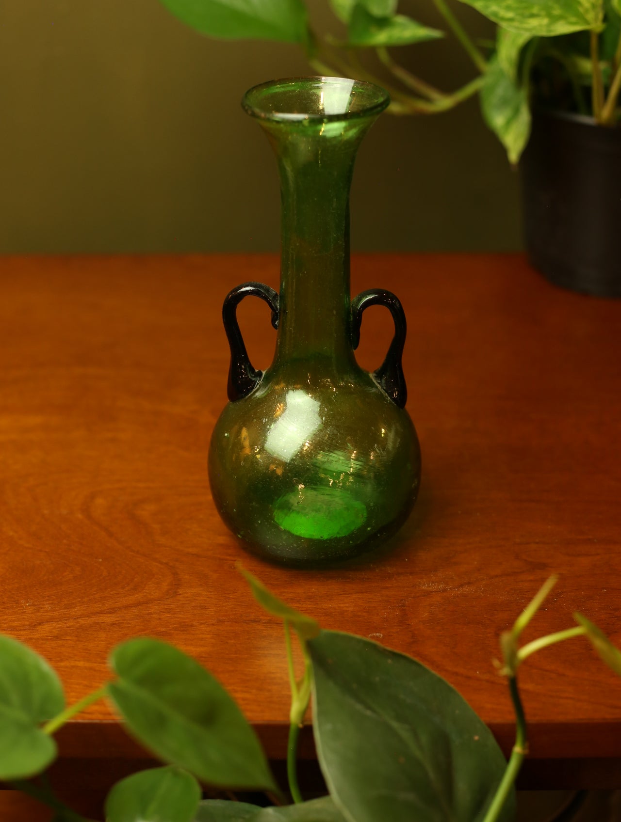 Small Handblown Green Vase with Blue Handles