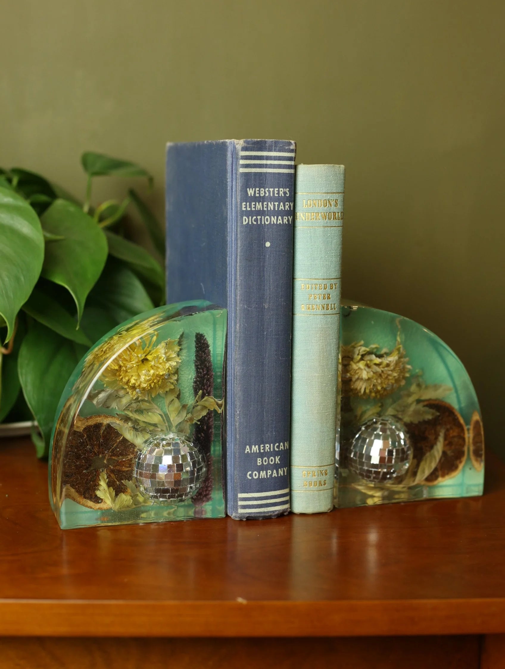Disco Ball & Flowers Resin Teal Bookends