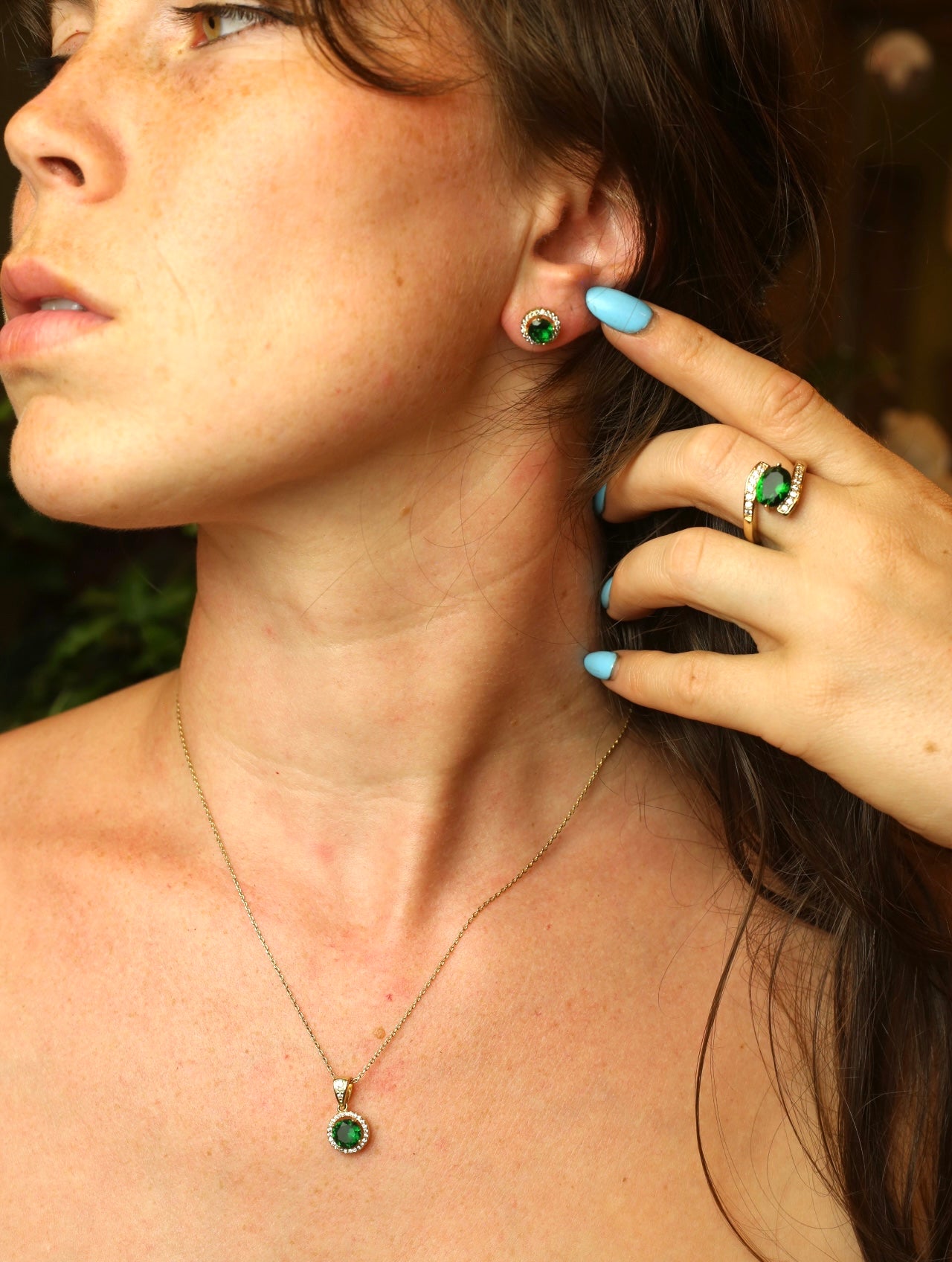 Gold Tone Faux Emerald Necklace, Earrings & Ring