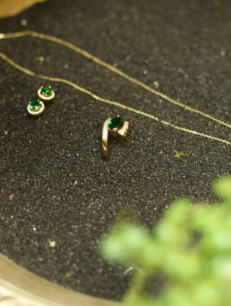 Gold Tone Faux Emerald Necklace, Earrings & Ring