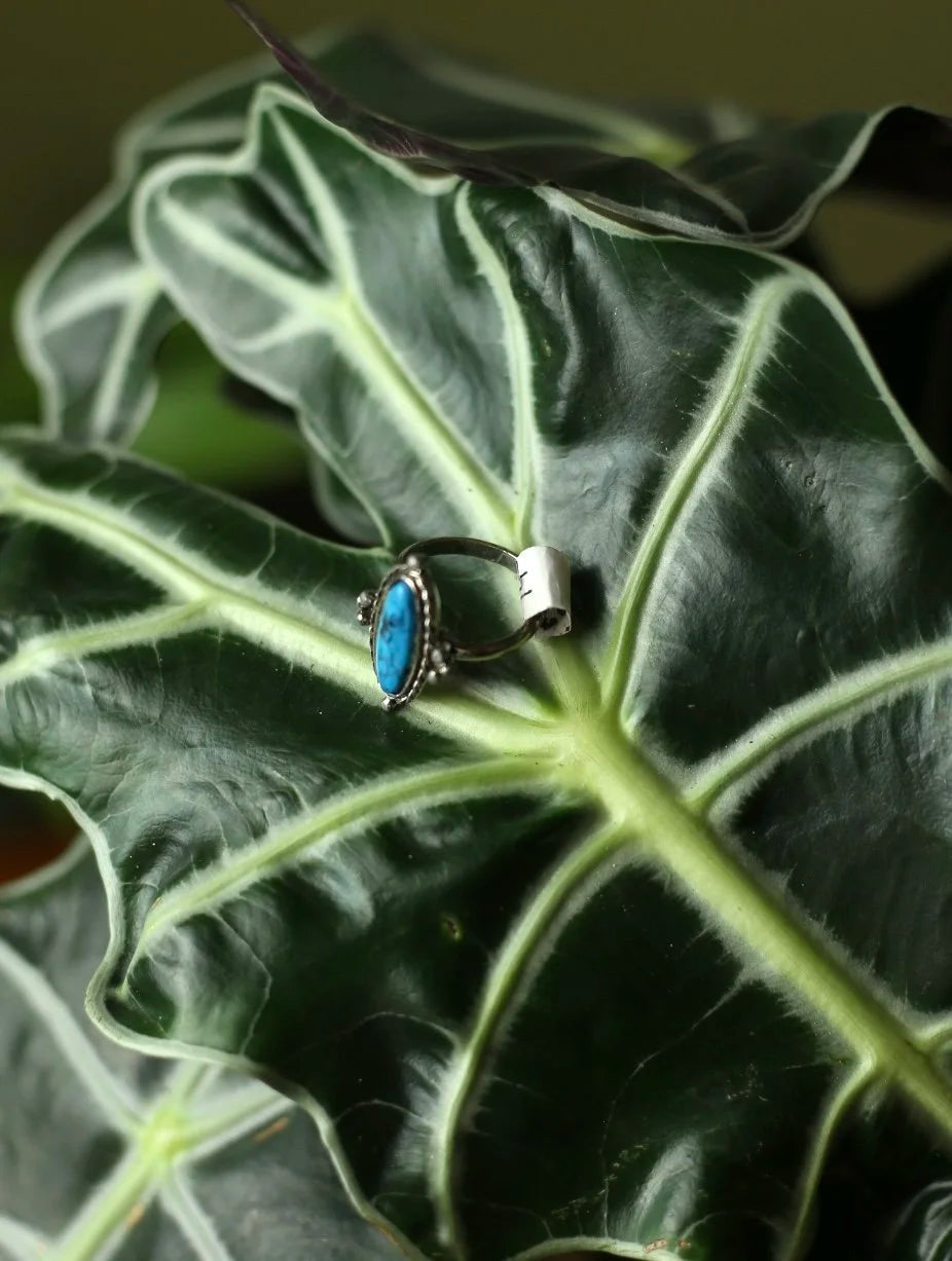 Oval Turquoise Silver Tone Adjustable Ring