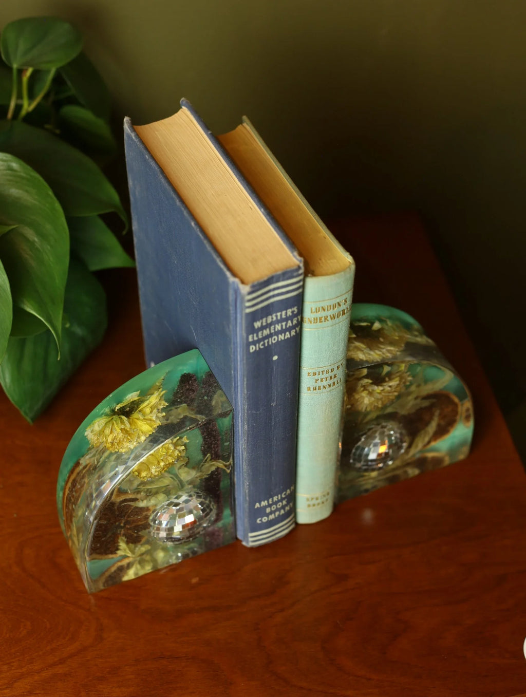 Disco Ball & Flowers Resin Teal Bookends