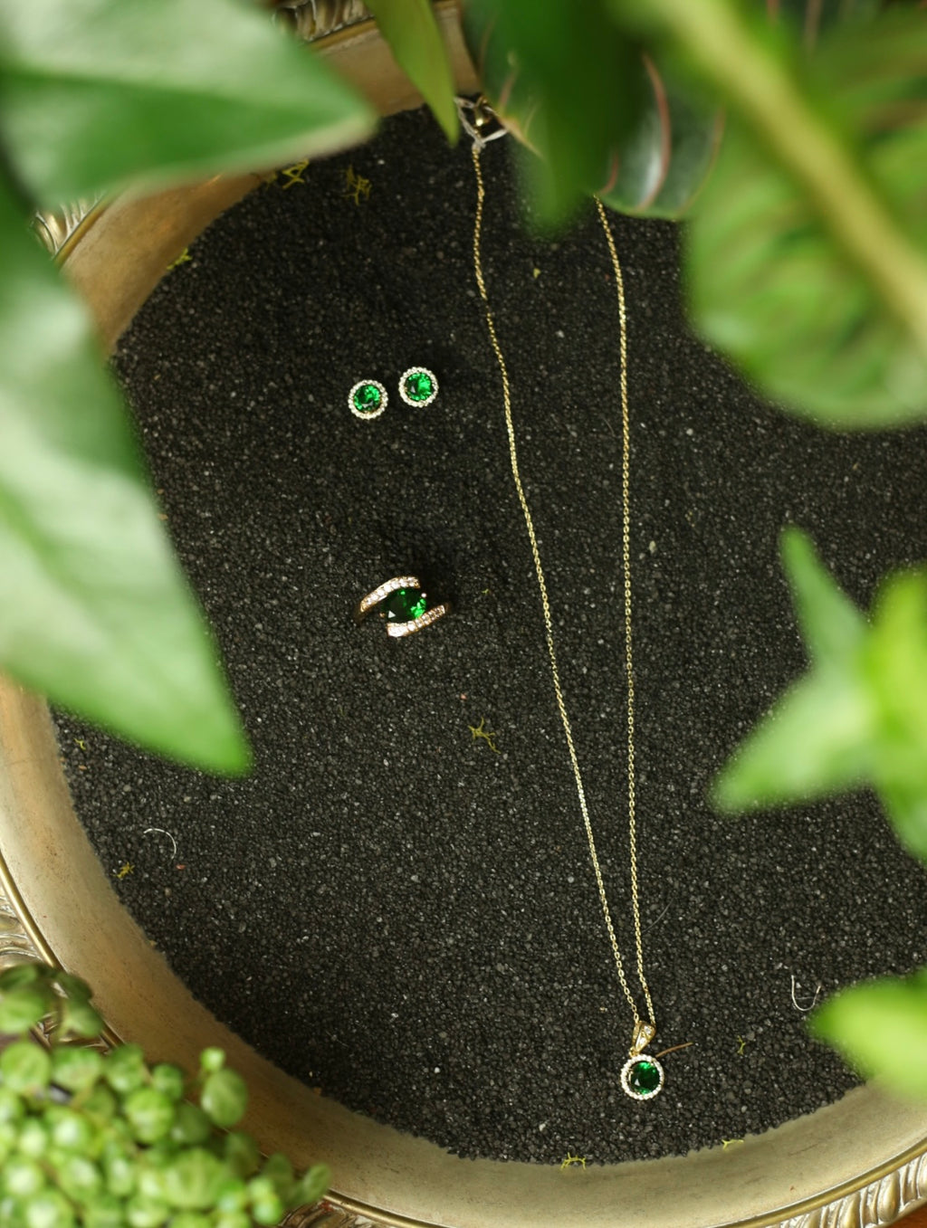 Gold Tone Faux Emerald Necklace, Earrings & Ring