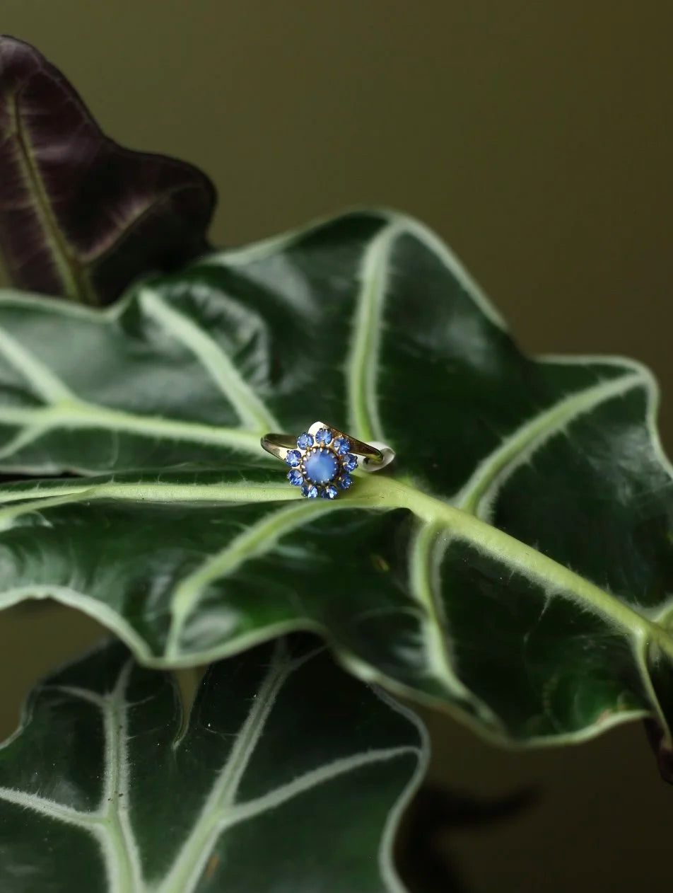 Blue Gem Sunburst Gold Tone Adjustable Ring
