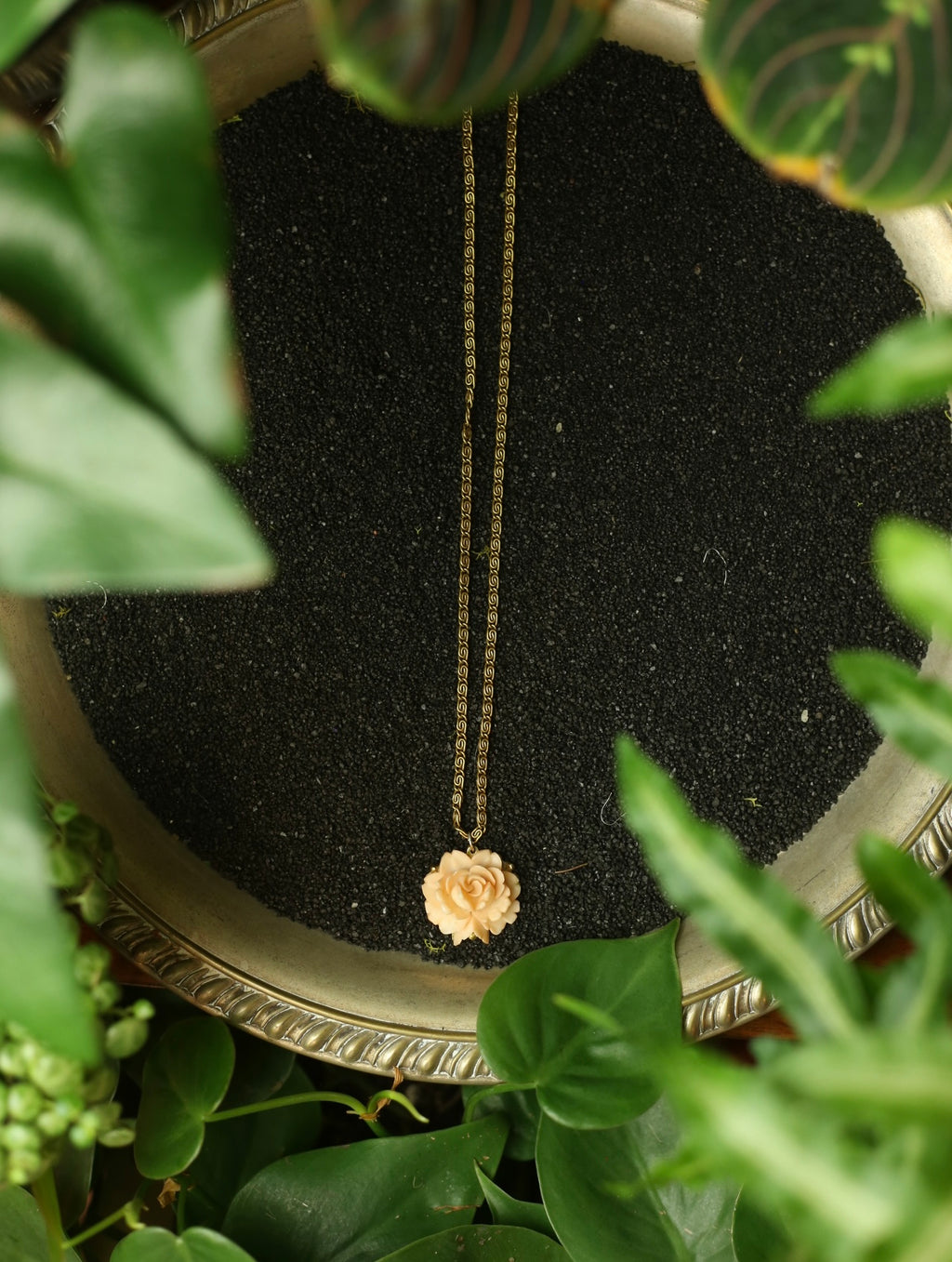 Dust Pink Rose Carve Gold Tone Necklace