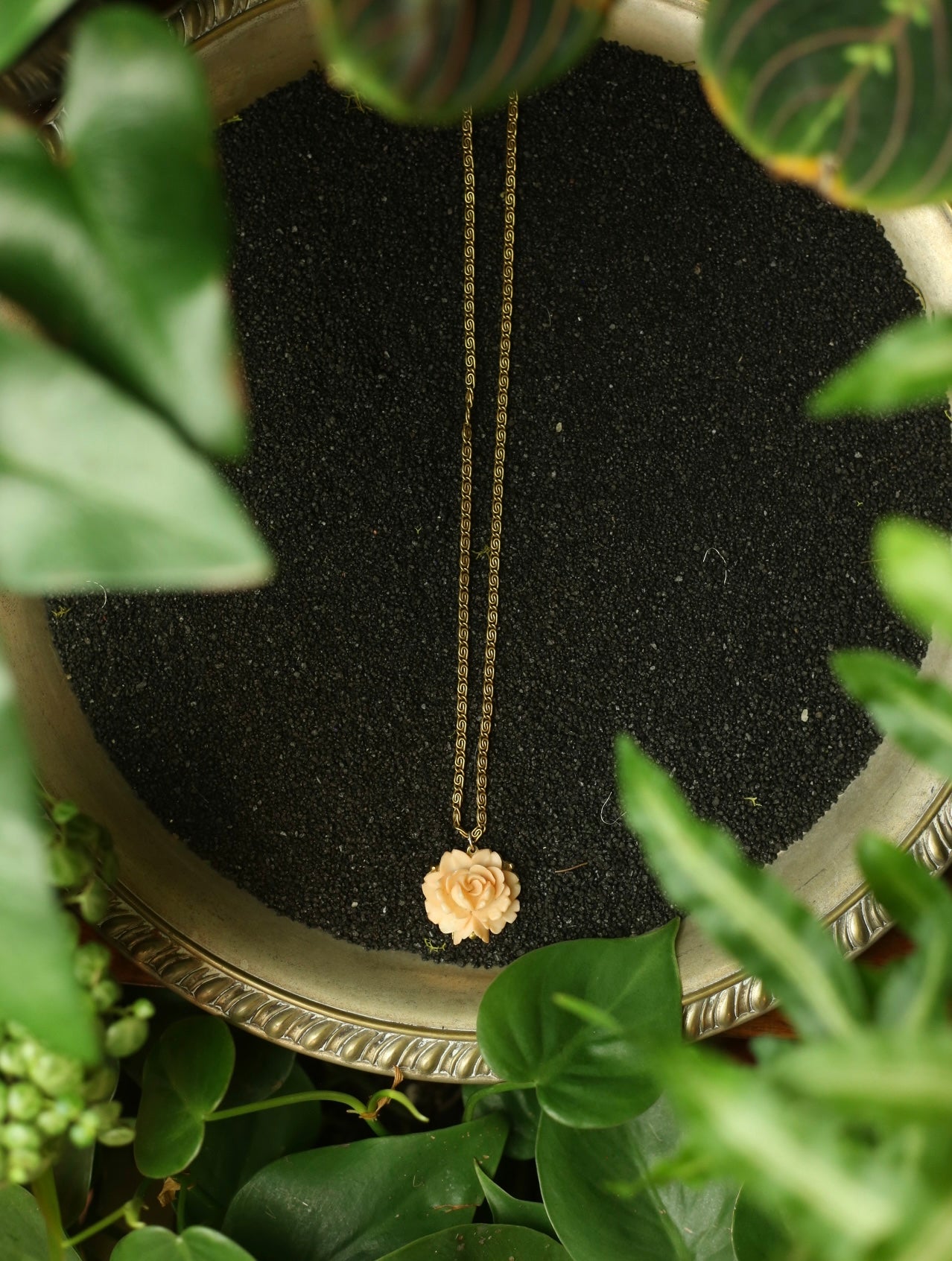 Dust Pink Rose Carve Gold Tone Necklace