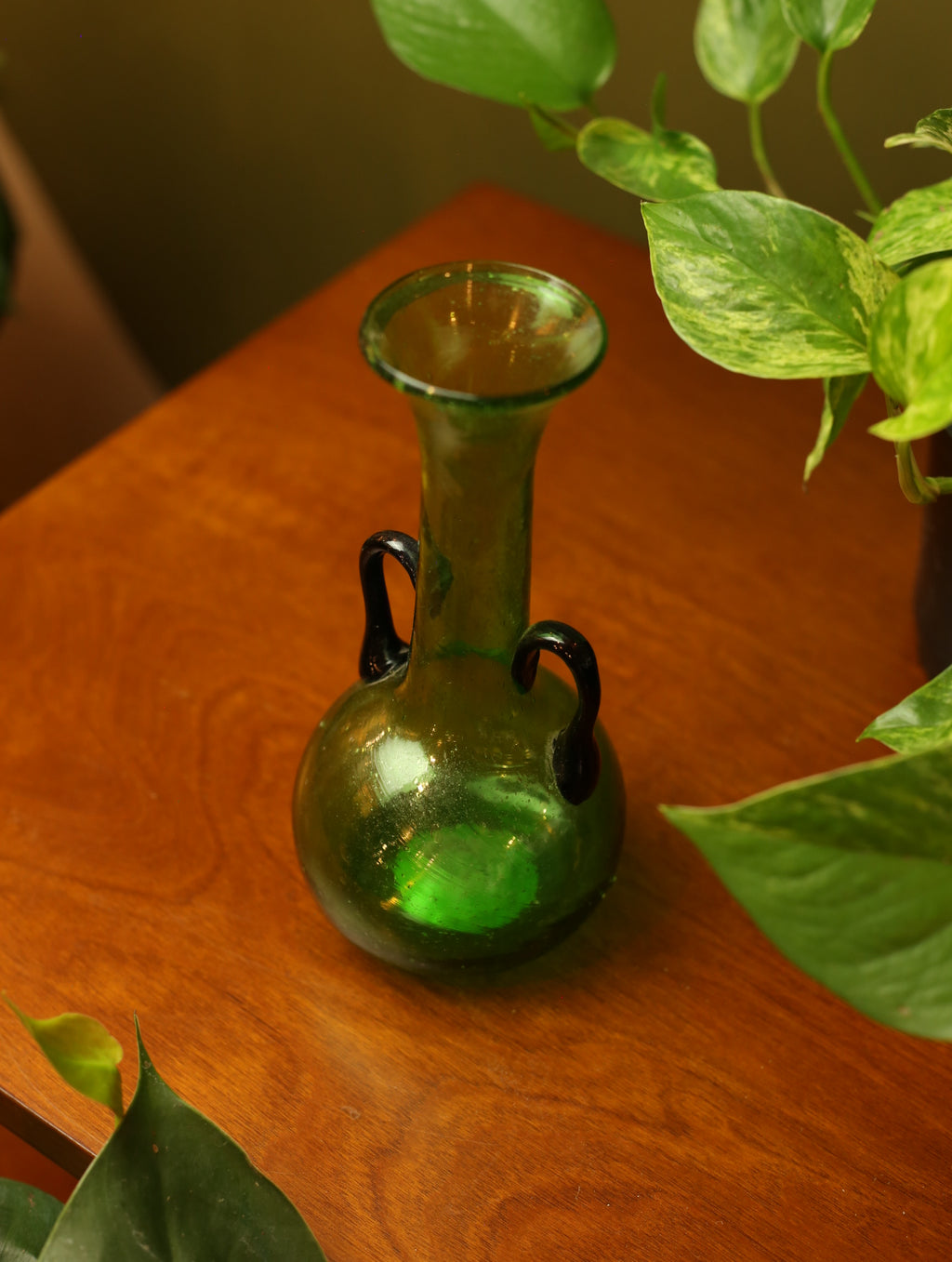Small Handblown Green Vase with Blue Handles