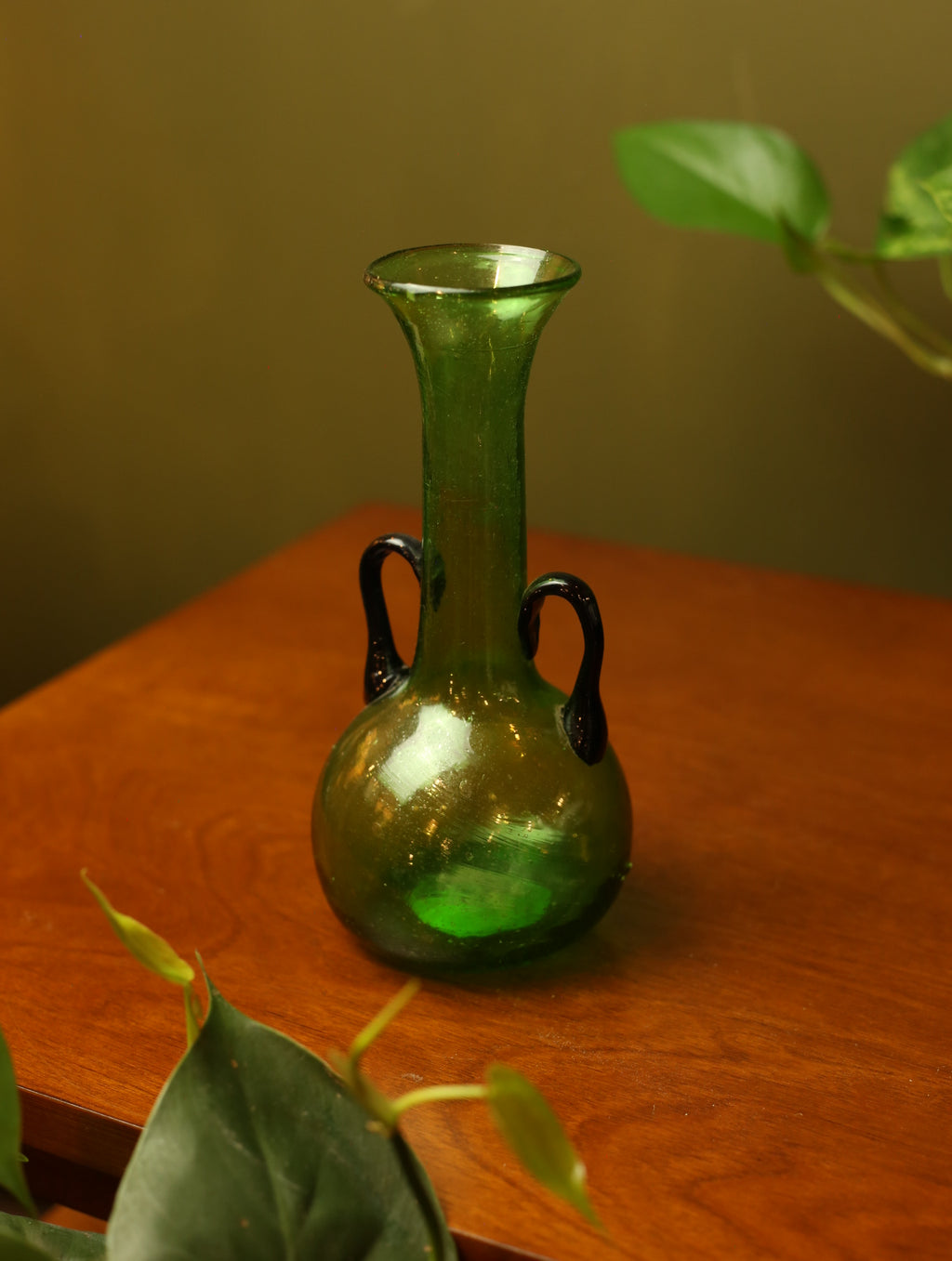Small Handblown Green Vase with Blue Handles