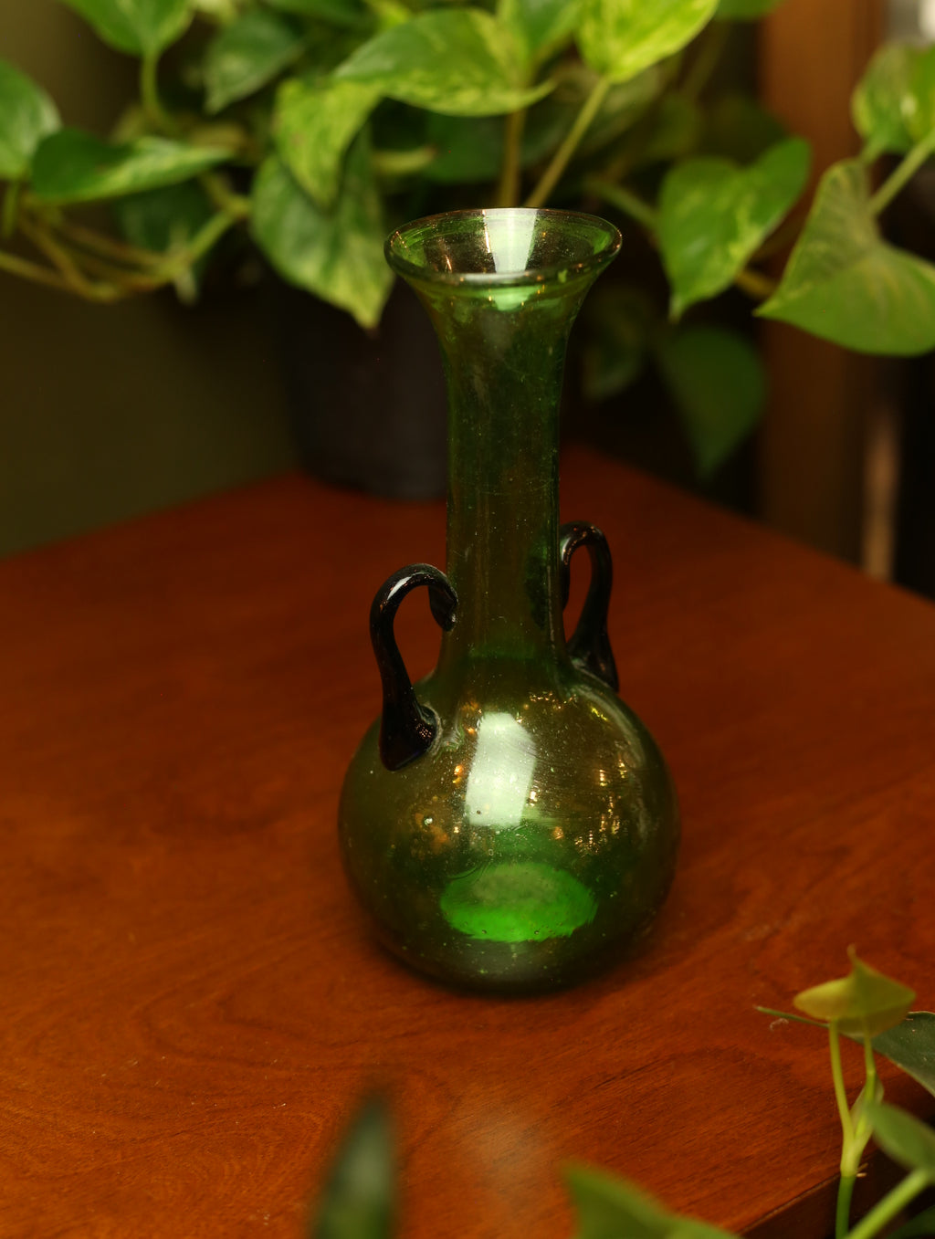 Small Handblown Green Vase with Blue Handles