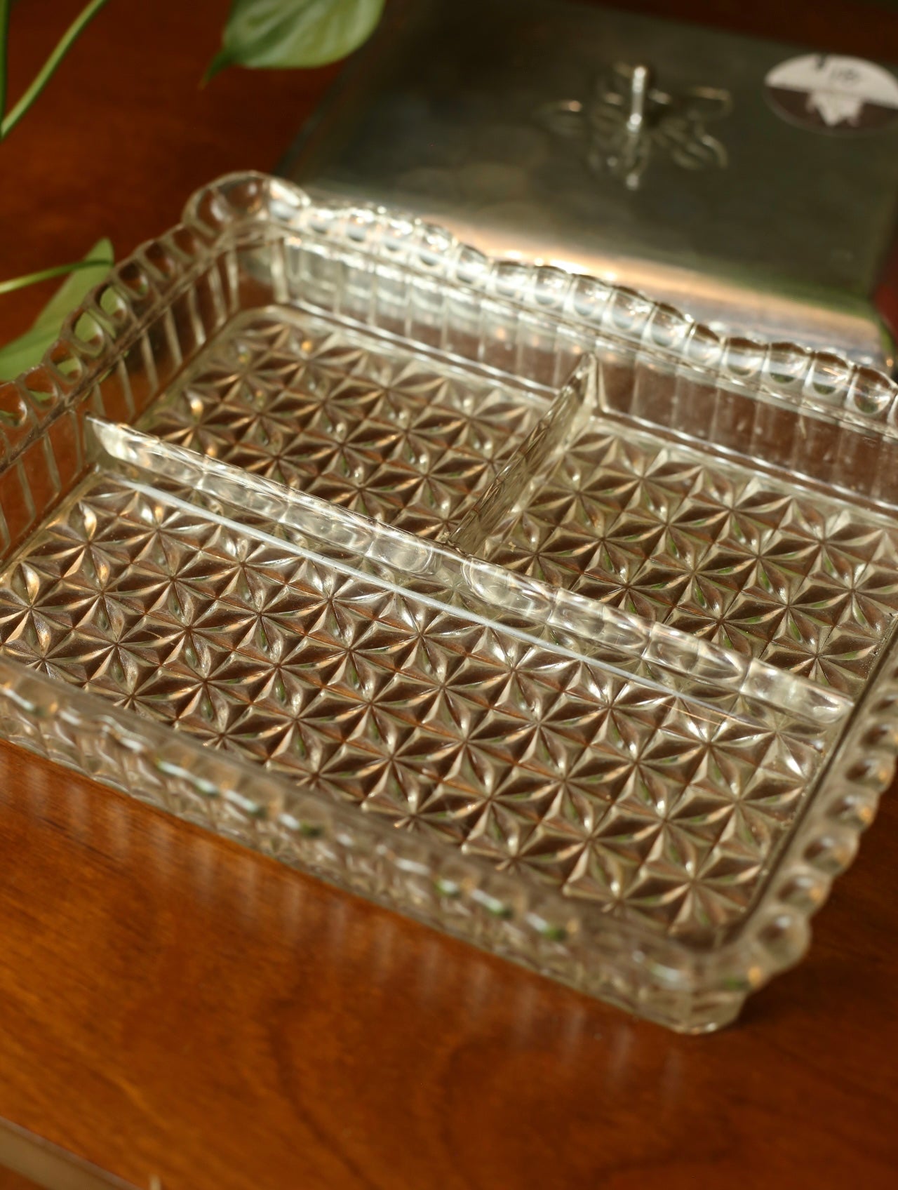 Silver tone Lidded Cut Glass Appetizer Platter