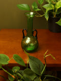 Small Handblown Green Vase with Blue Handles