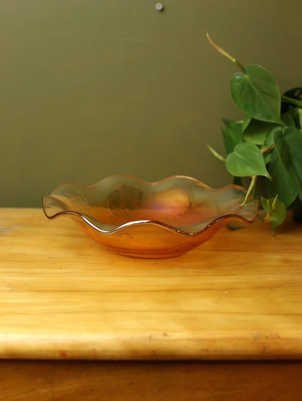 Orange Ruffled Edge Carnival Glass Dish