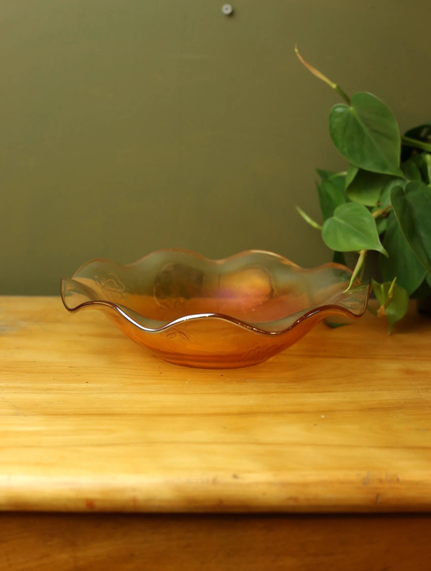 Orange Ruffled Edge Carnival Glass Dish