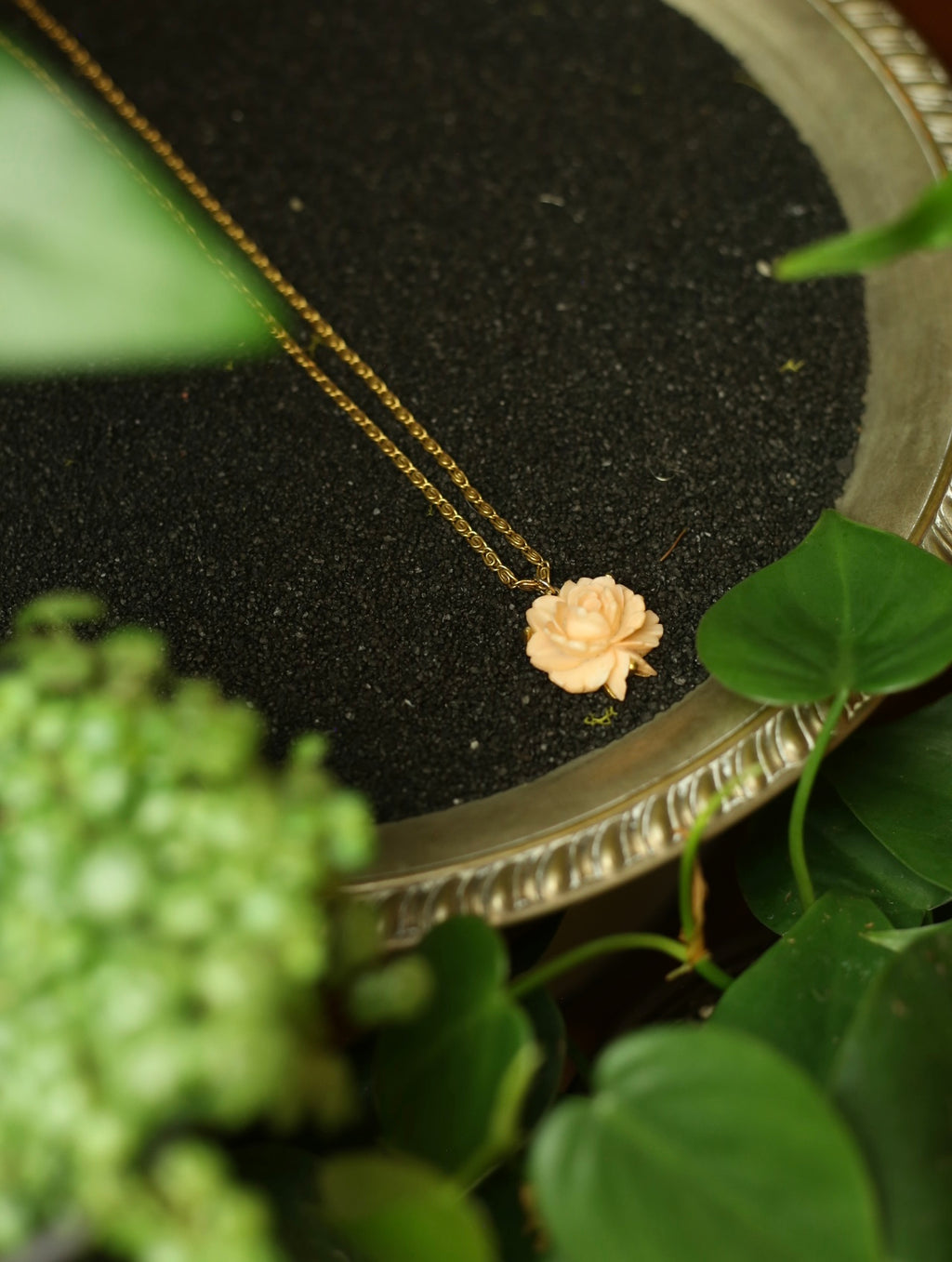 Dust Pink Rose Carve Gold Tone Necklace