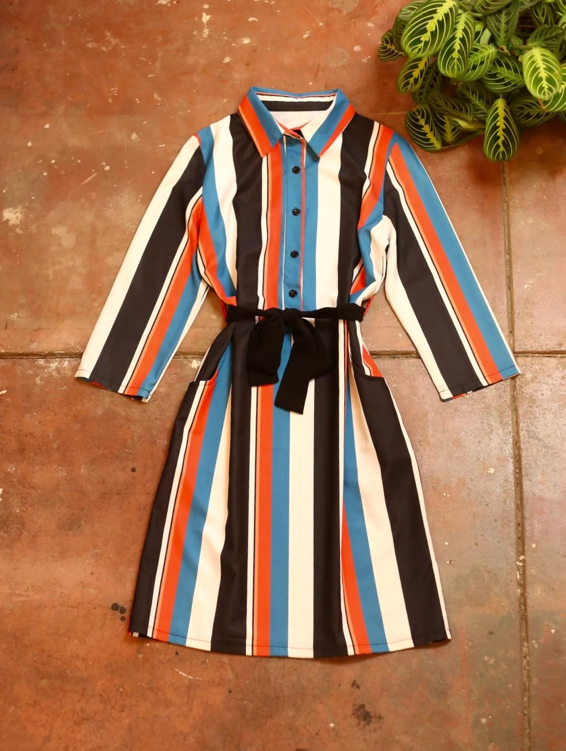 Red, Teal, Black & White Striped Dress