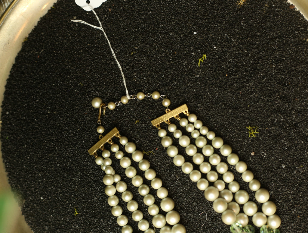 Gray Faux Pearl & Green Bead Choker Necklace
