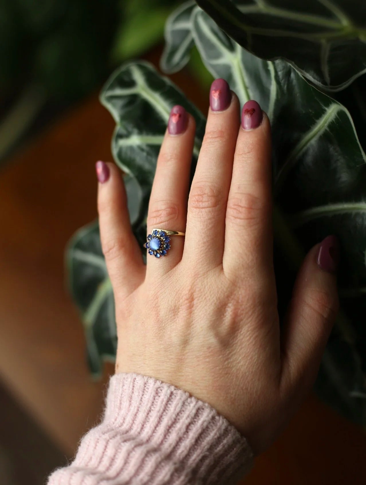 Blue Gem Sunburst Gold Tone Adjustable Ring