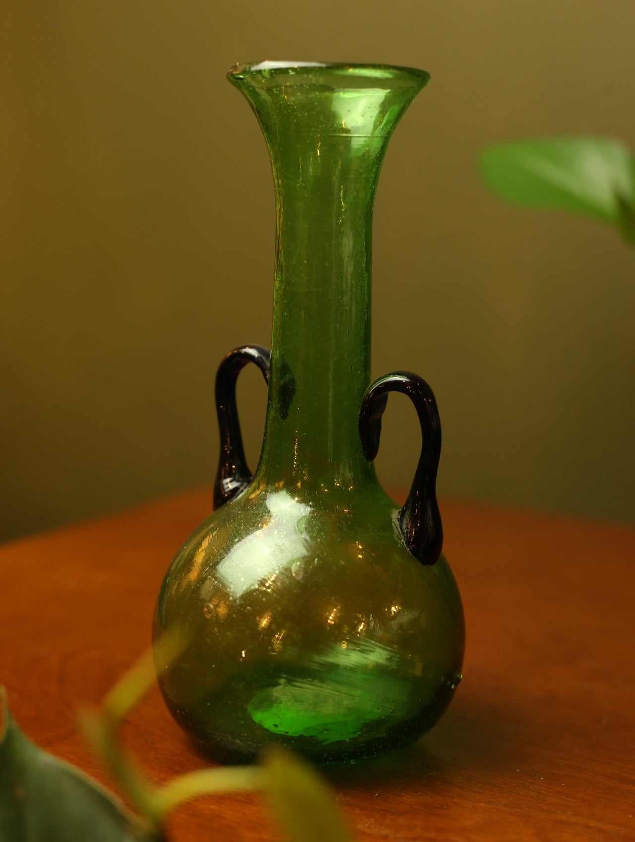 Small Handblown Green Vase with Blue Handles