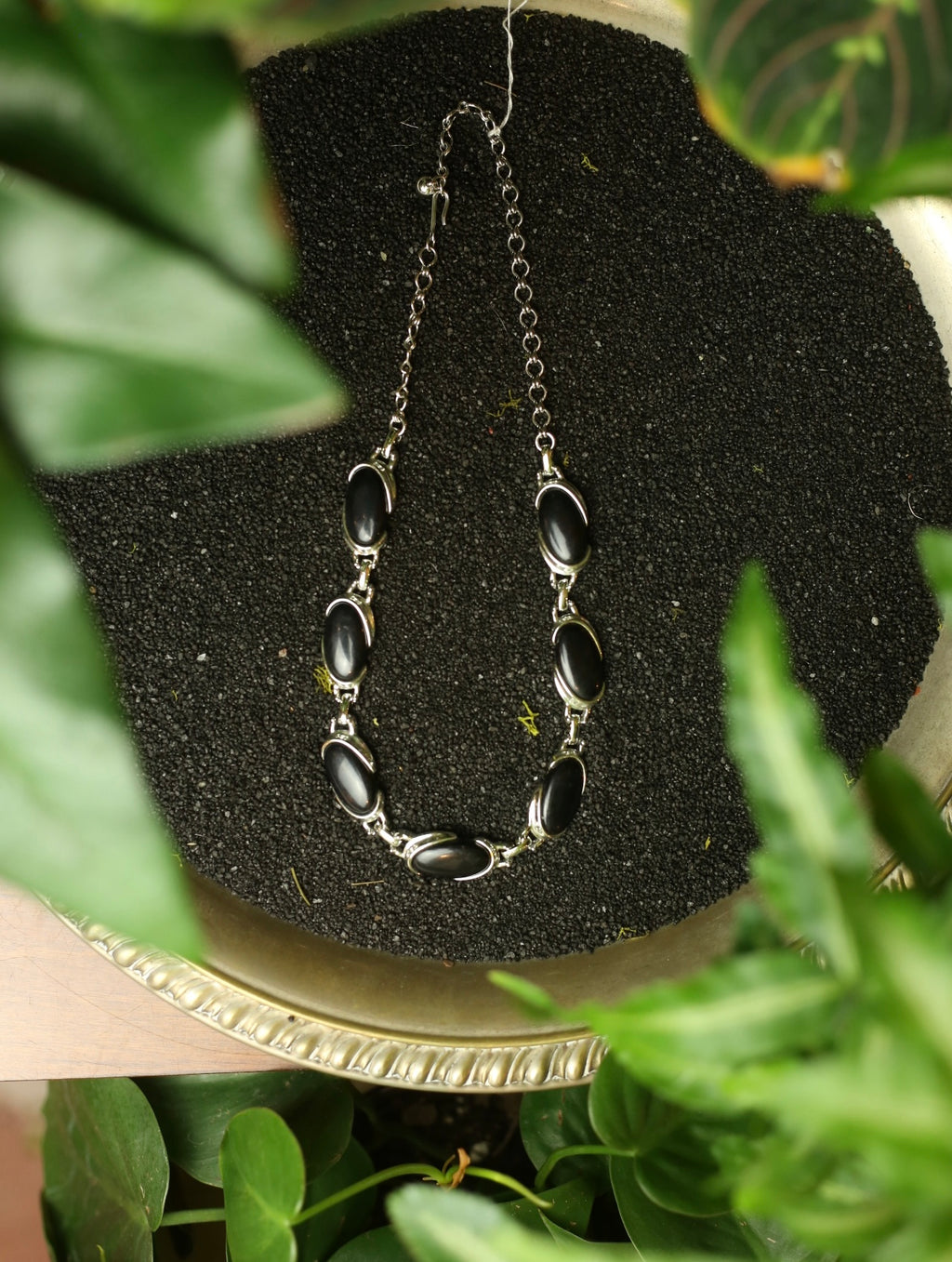 1960s Silver Tone Black Lucite Choker Necklace