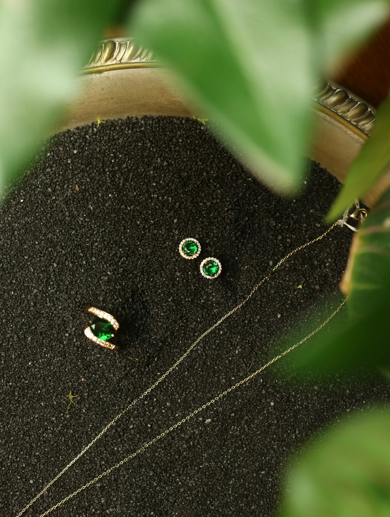 Gold Tone Faux Emerald Necklace, Earrings & Ring