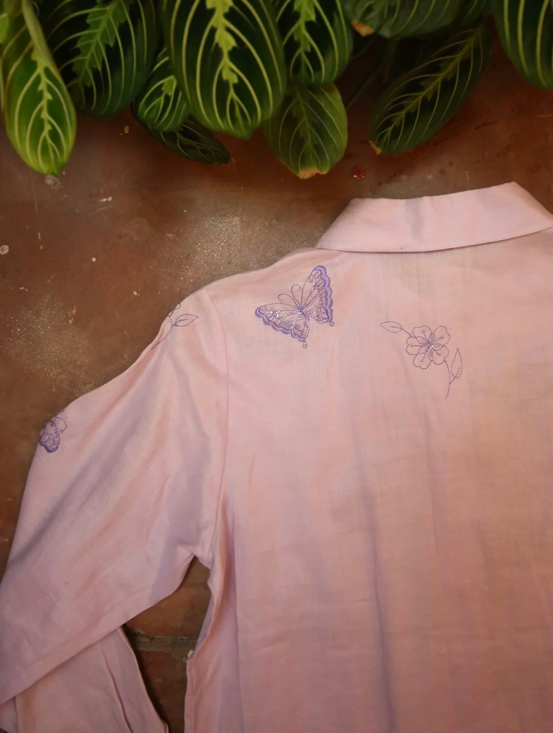 Lavender Butterfly Embroidered Button Up