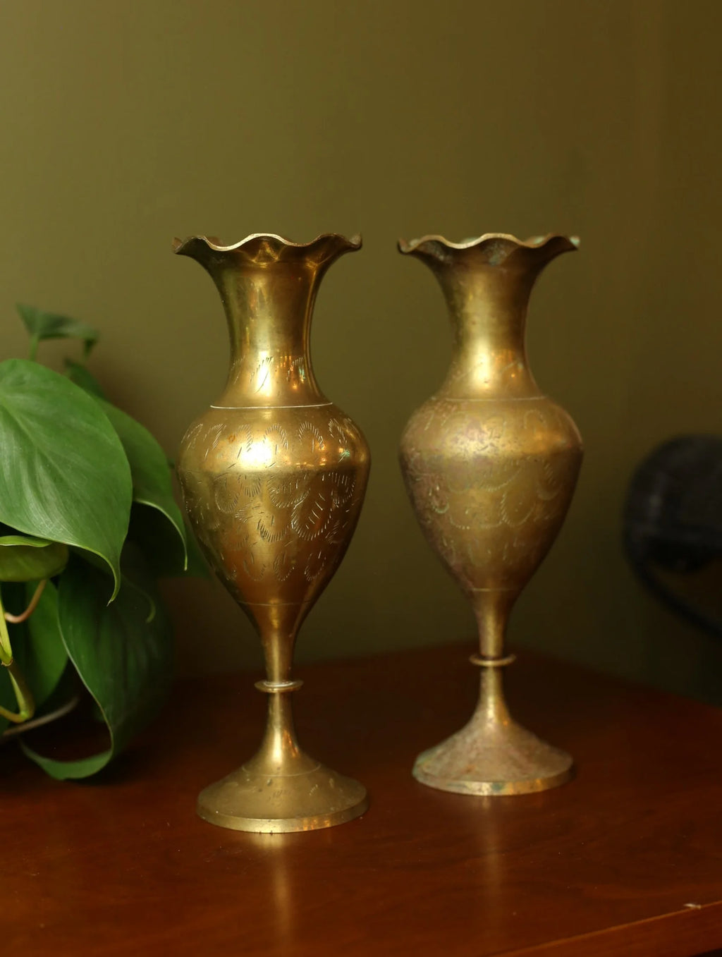 Etched Brass Vases with Ruffled Edge