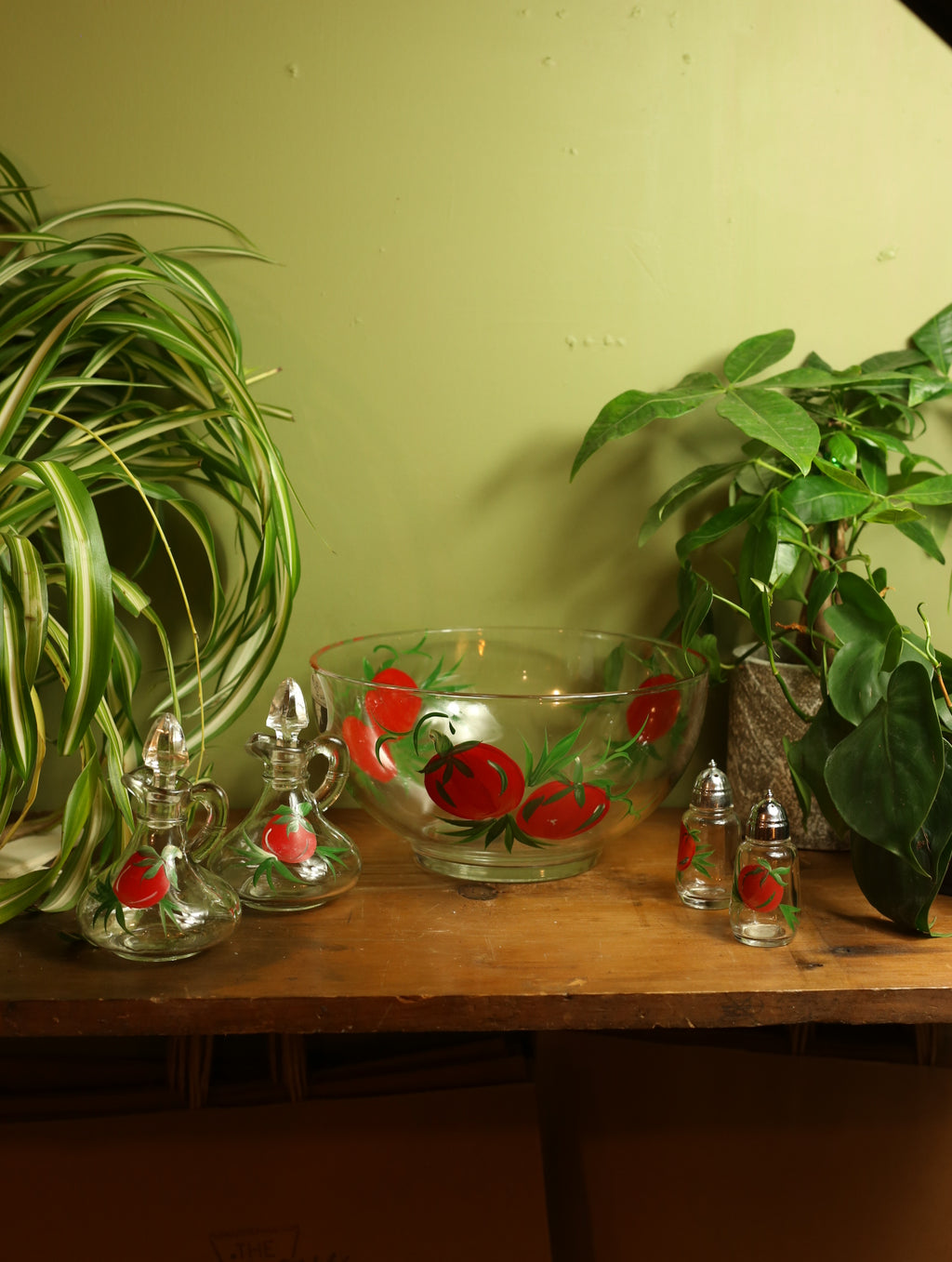 Vintage Hand Painted Tomato Bowl, Shakers, & Cruets Set