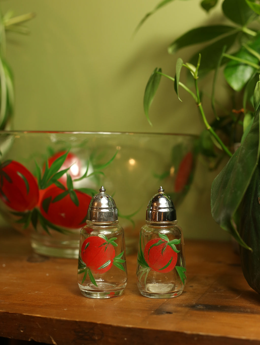 Vintage Hand Painted Tomato Bowl, Shakers, & Cruets Set