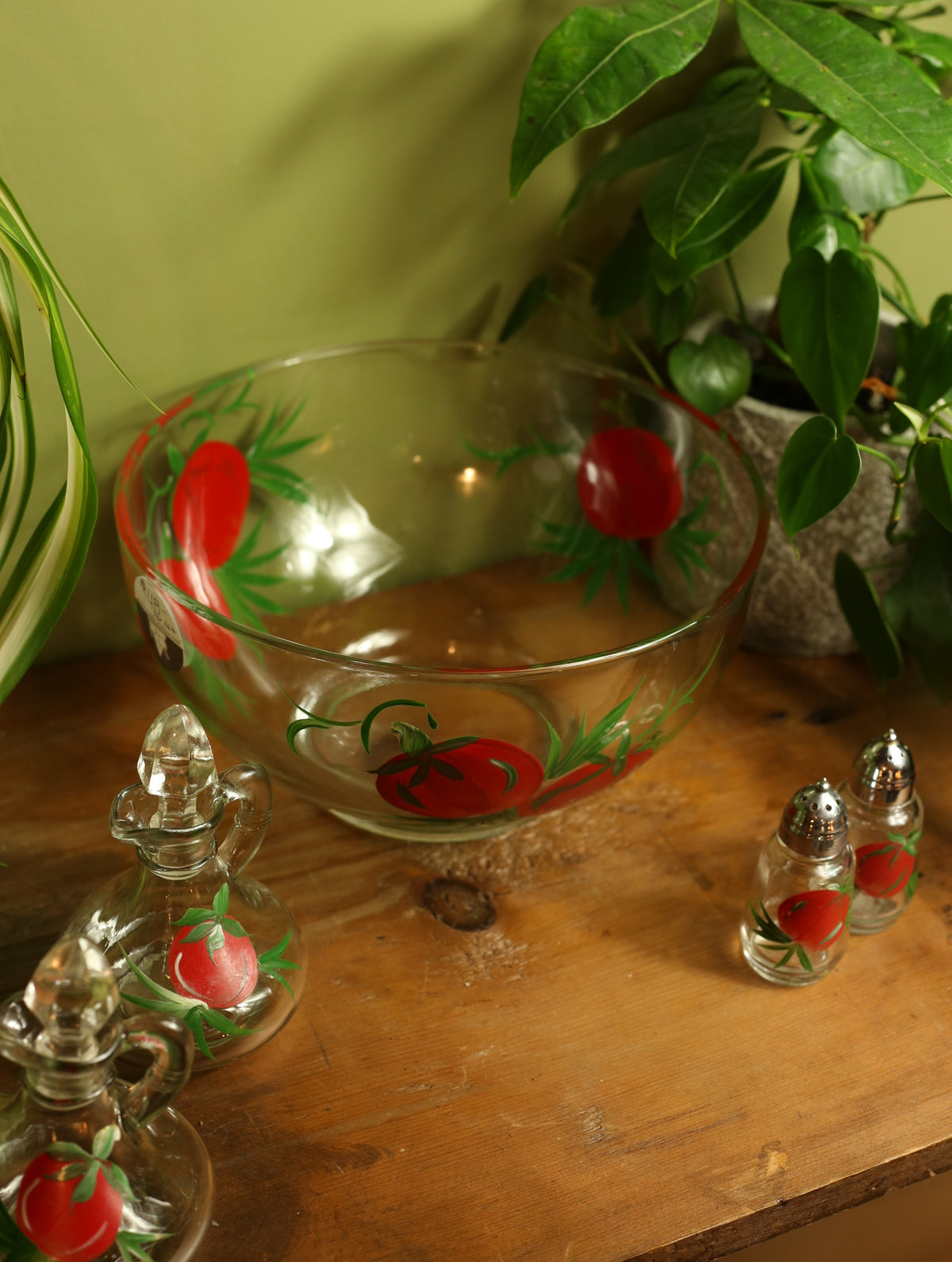 Vintage Hand Painted Tomato Bowl, Shakers, & Cruets Set